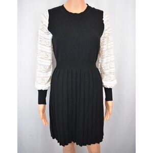 Black Pleated Knit Midi Dress Womens S Ivory Lace Sleeves Modest Elegant Holiday